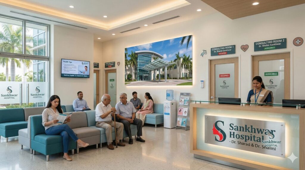 Illustration of the reception area at Sankhwar Hospital, Kondli, East Delhi